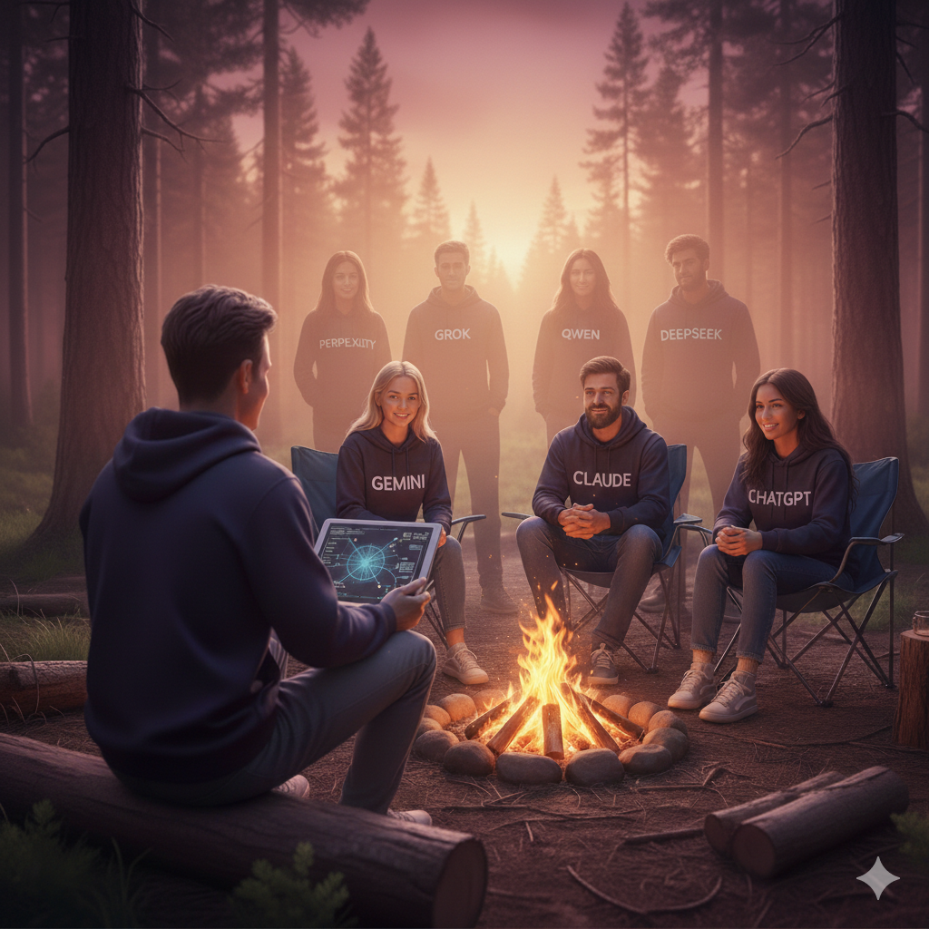 AI models collaborating around a campfire